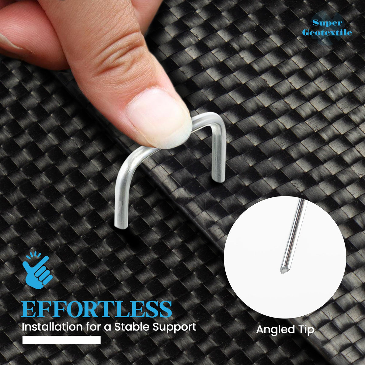 Ground fabric installation with stakes driven into soil for stability.