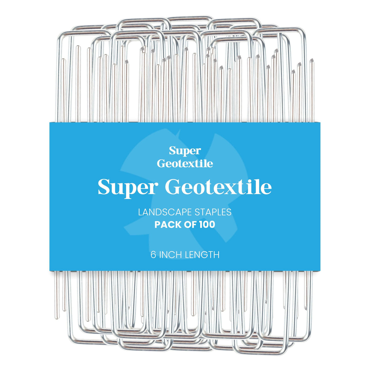 Super Geotextile landscape staples pack demonstrates durable 11-gauge steel for heavy-duty landscaping.