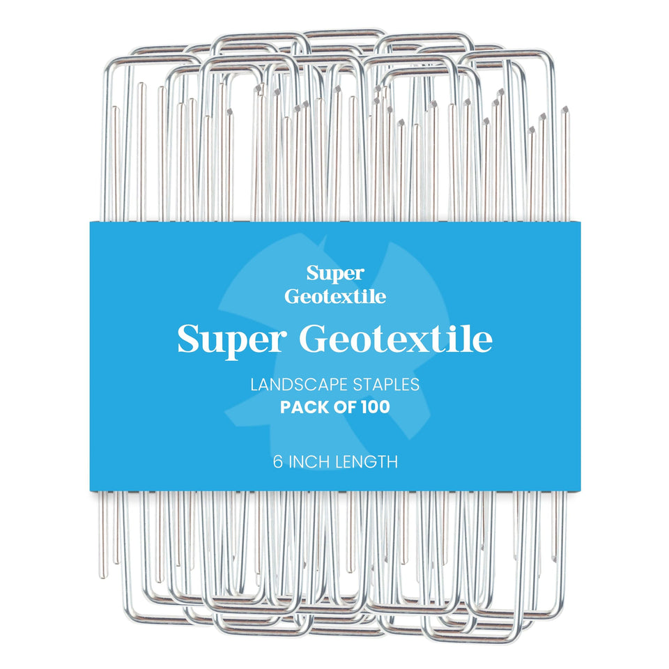 Super Geotextile landscape staples pack demonstrates durable 11-gauge steel for heavy-duty landscaping.