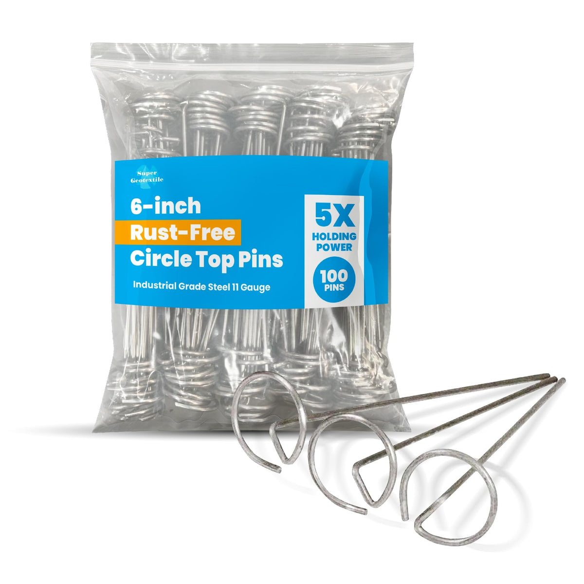Super Geotextile round-top pins; 6-inch stake for easy installation and strong fabric grip.