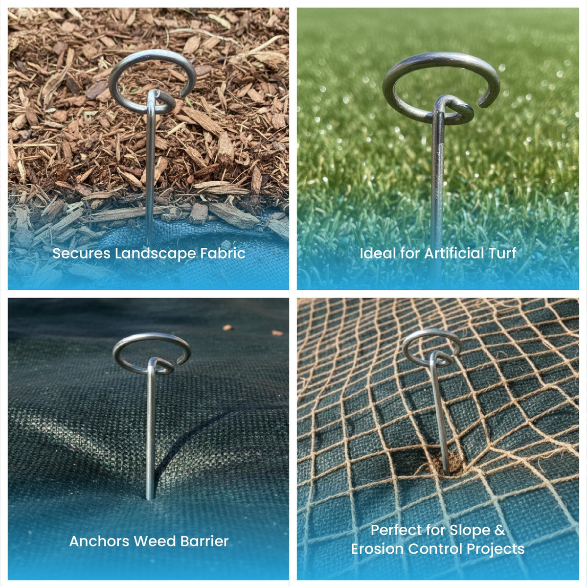 Super Geotextile weed barrier pin; secures ground covers and irrigation tubing reliably.