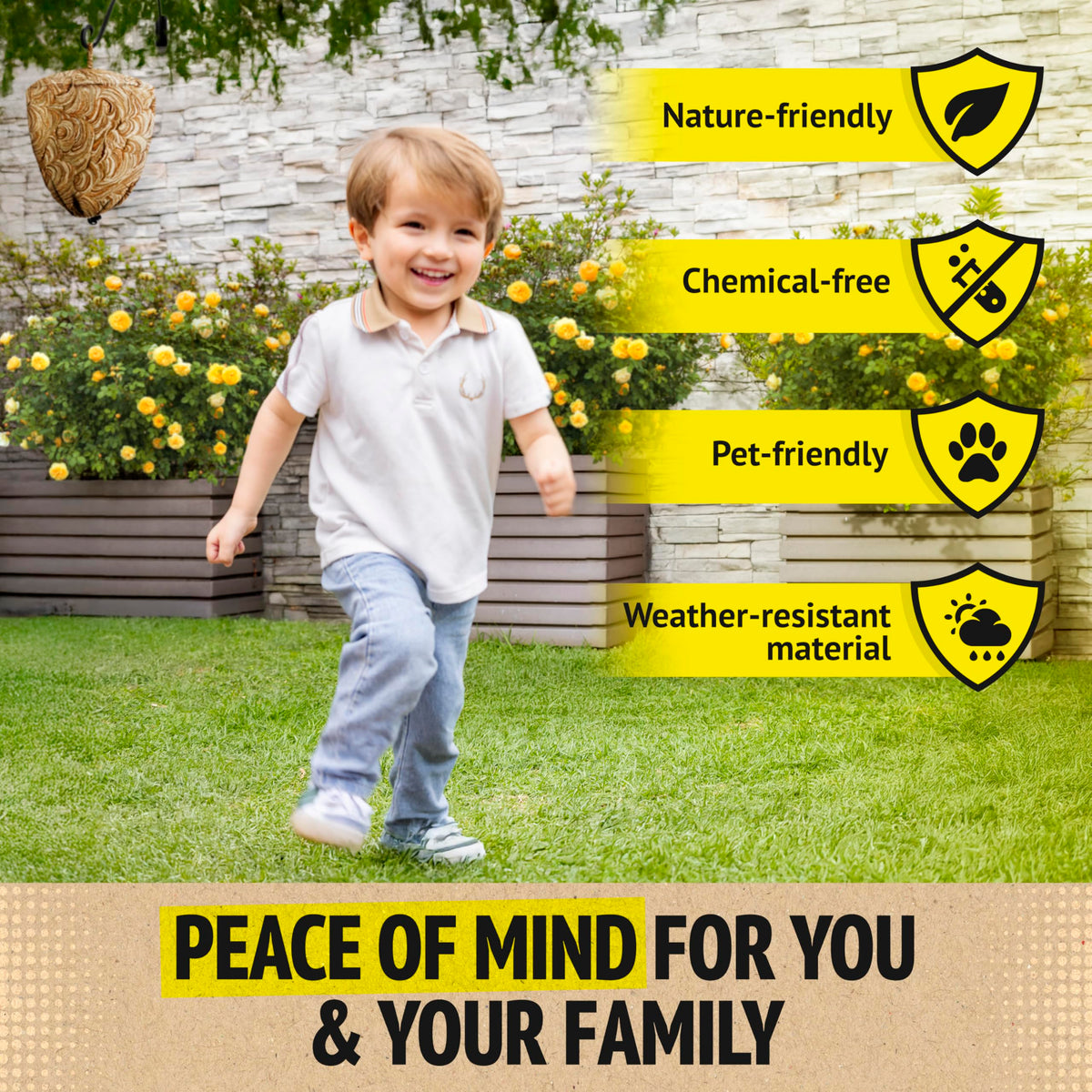 Super Ninja easy-setup wasp nest lets you hang quickly for quick protection.