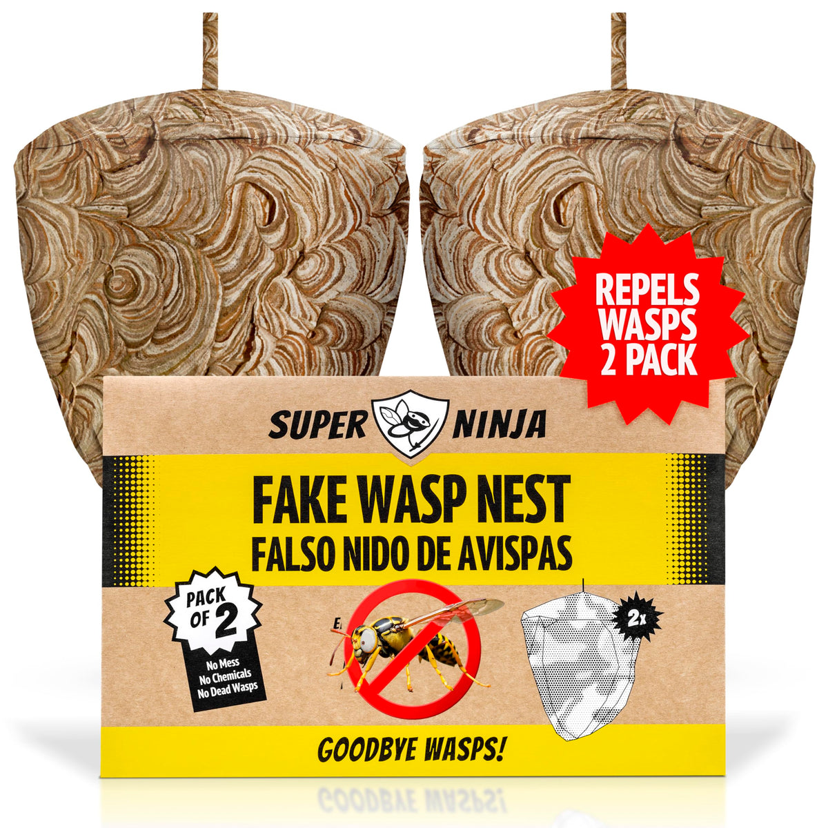 Super Ninja fake wasp nest outdoor deterrent deters wasps around patios and gardens.