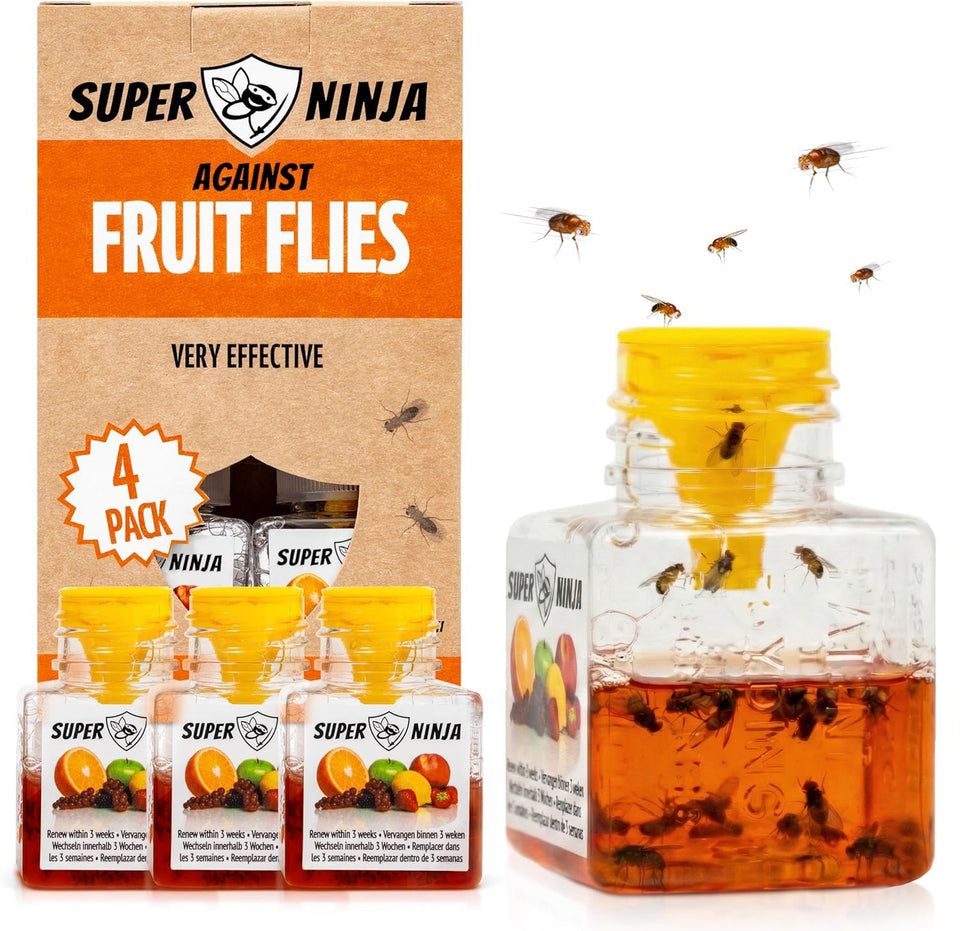 Super Ninja fruit fly trap indoor setup demonstrating easy placement and discreet design.