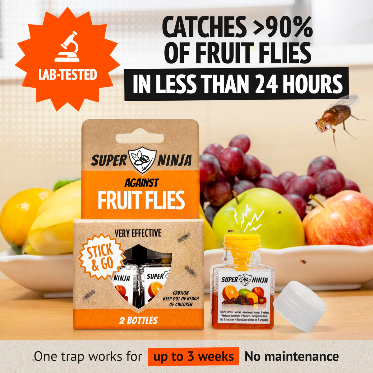 Kitchen counter scene with Super Ninja trap reducing fruit flies near fruit.