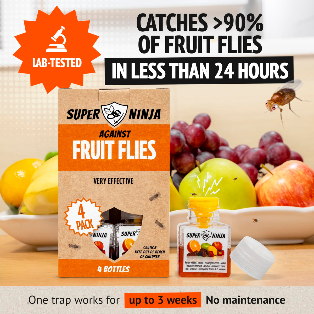 Super Ninja fruit fly trap liquid bait drawing flies quickly.