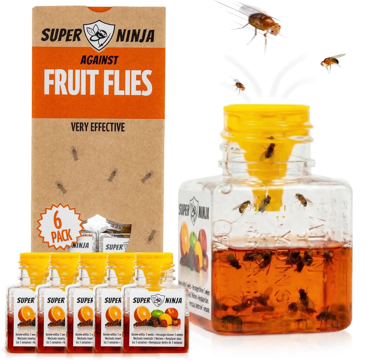 Super Ninja fruit fly trap closeup on indoor bottle for easy kitchen control.