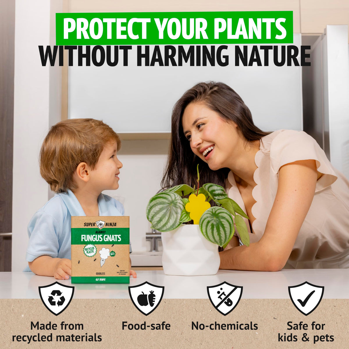 Super Ninja gnat traps near houseplants showcase discreet pet-safe indoor protection
