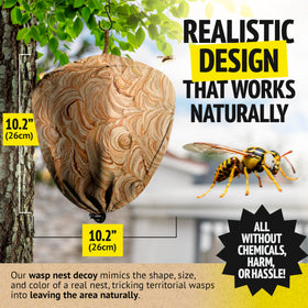 Super Ninja weatherproof wasp decoy withstands rain and sun for continuous protection.