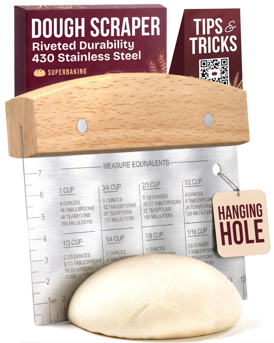 Superbaking dough scraper 6in blade enables precise dough handling and clean cuts.