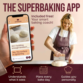 Superbaking dough scraper with engraved measurements provides quick, accurate sizing.