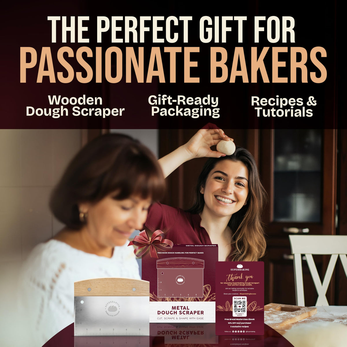 Superbaking dough scraper stainless finish adds durability and a professional look.