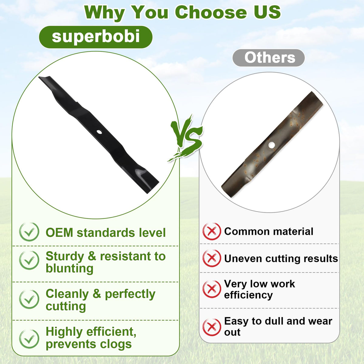 Three-pack of Superbobi 04771200 blades ready for use in your mower.