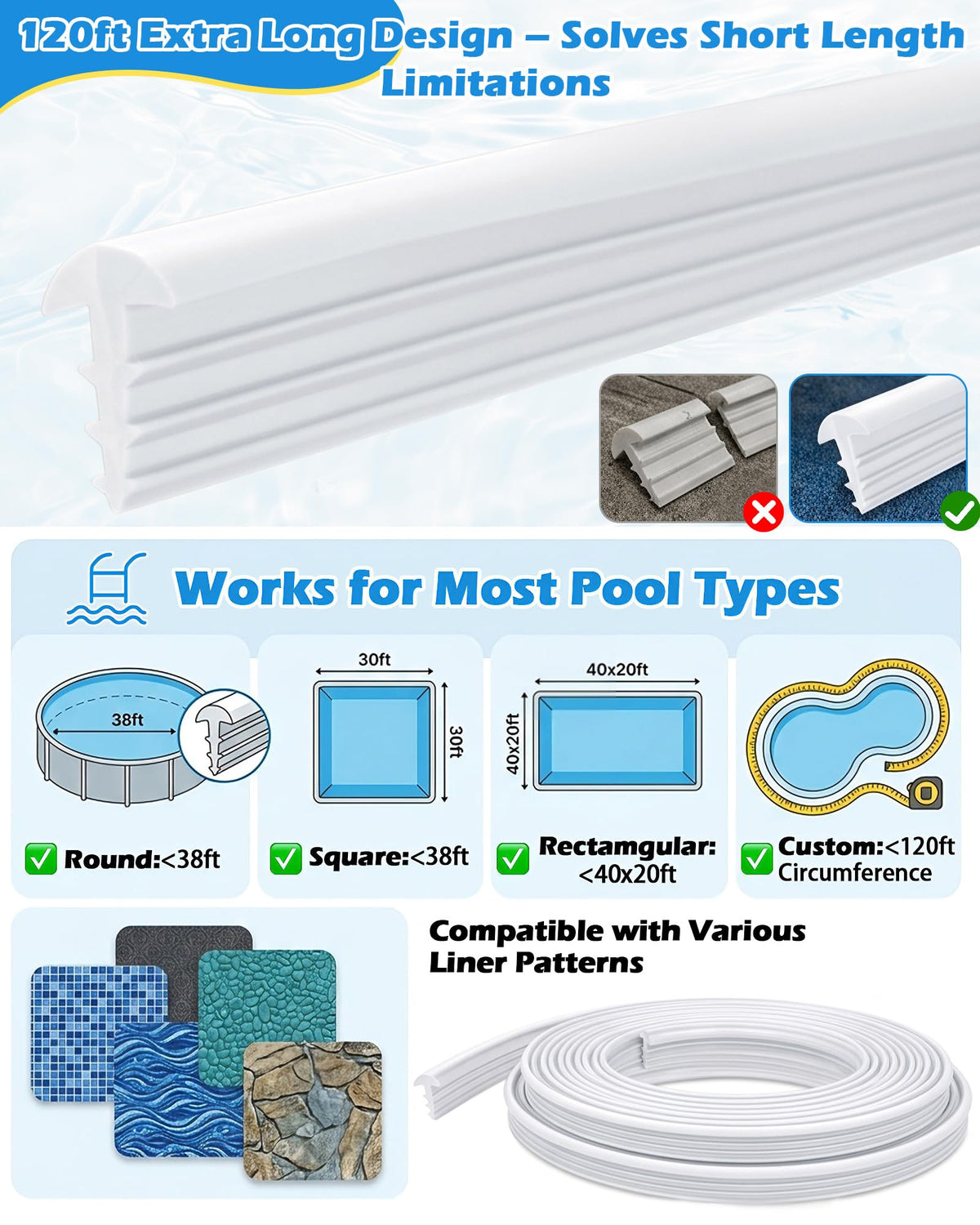 SuperDi white pool liner lock clip blends with pool style.