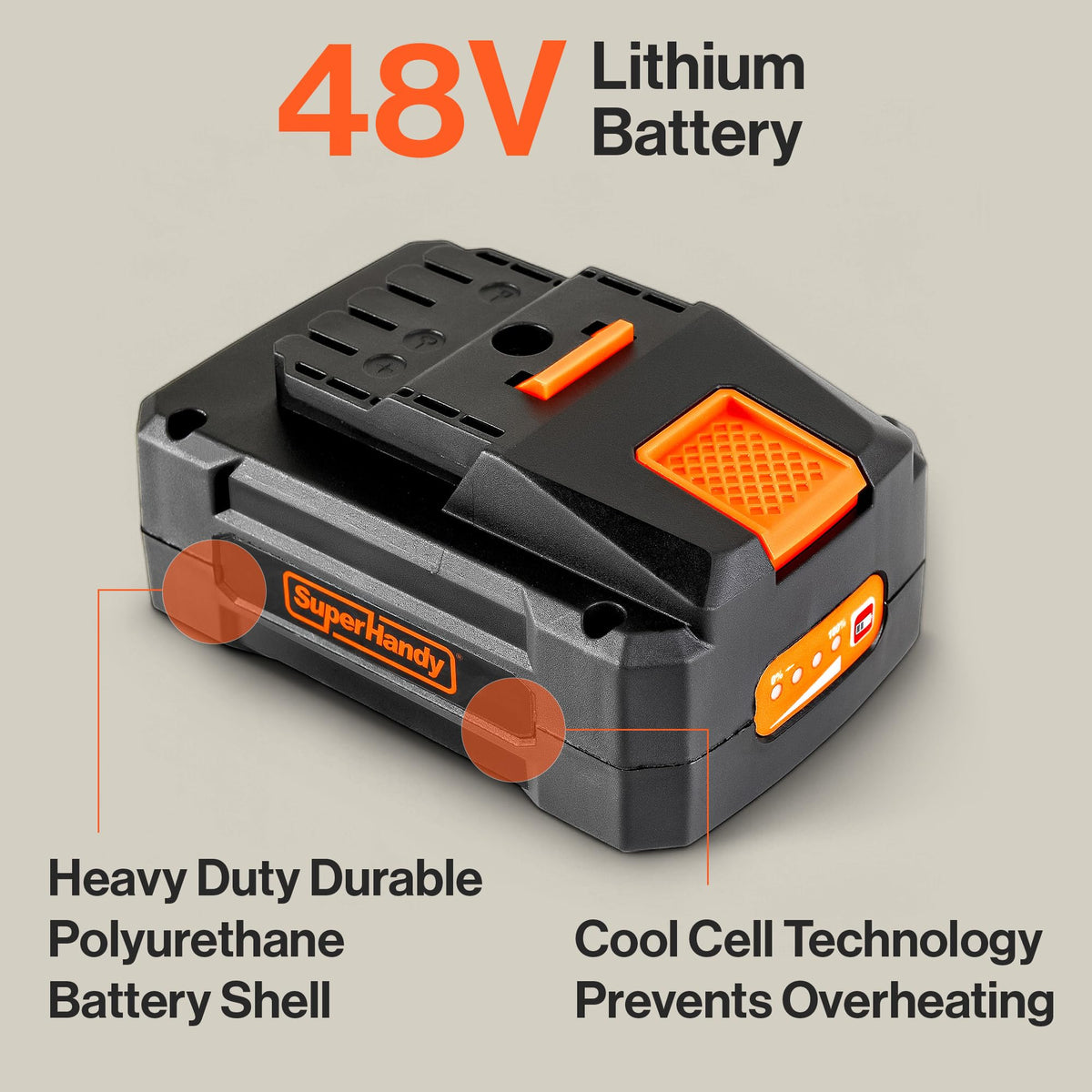 SuperHandy 48V 2Ah battery with impact-resistant case protects during tough outdoor work.