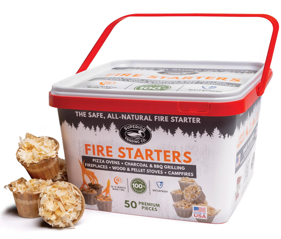 Superior Trading Co. fire starter pods in bucket ready for camping