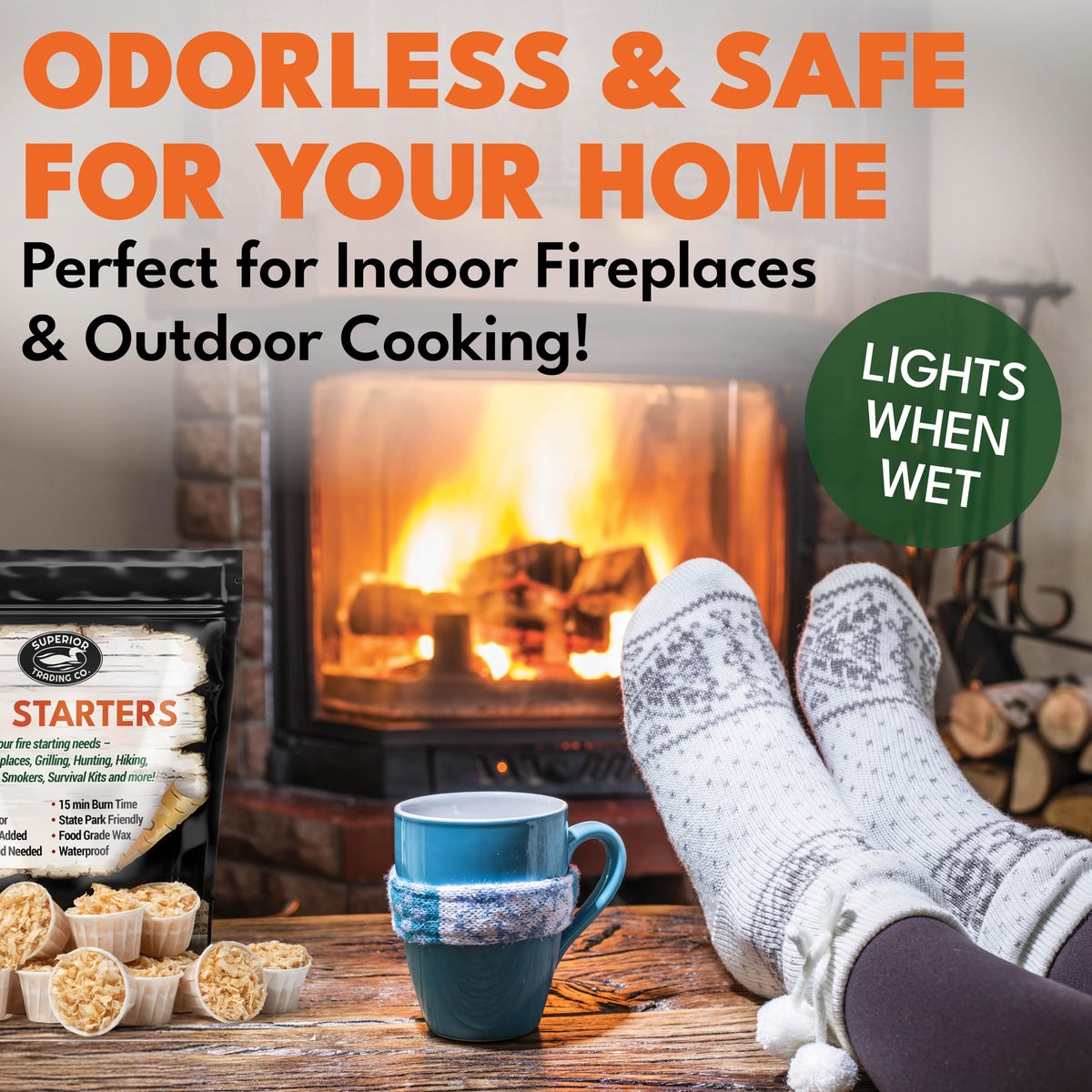 Superior Trading Co. fire starter pods made from natural materials safe for cooking.