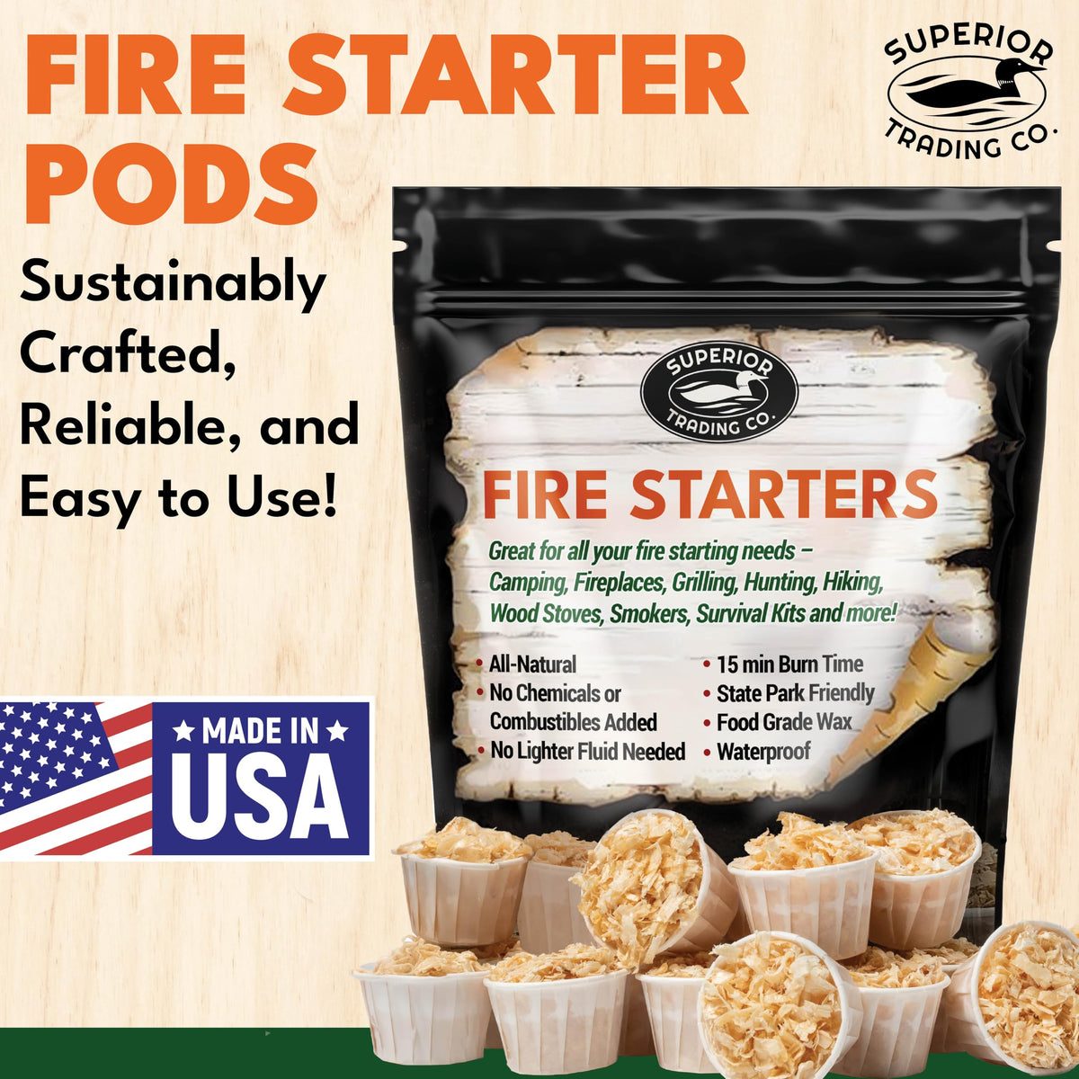 Superior Trading Co. fire starter pods lit with a match showing 15-20 minute burn.