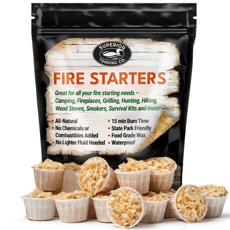 Superior Trading Co. fire starter pods pack in resealable bag ideal for camping.