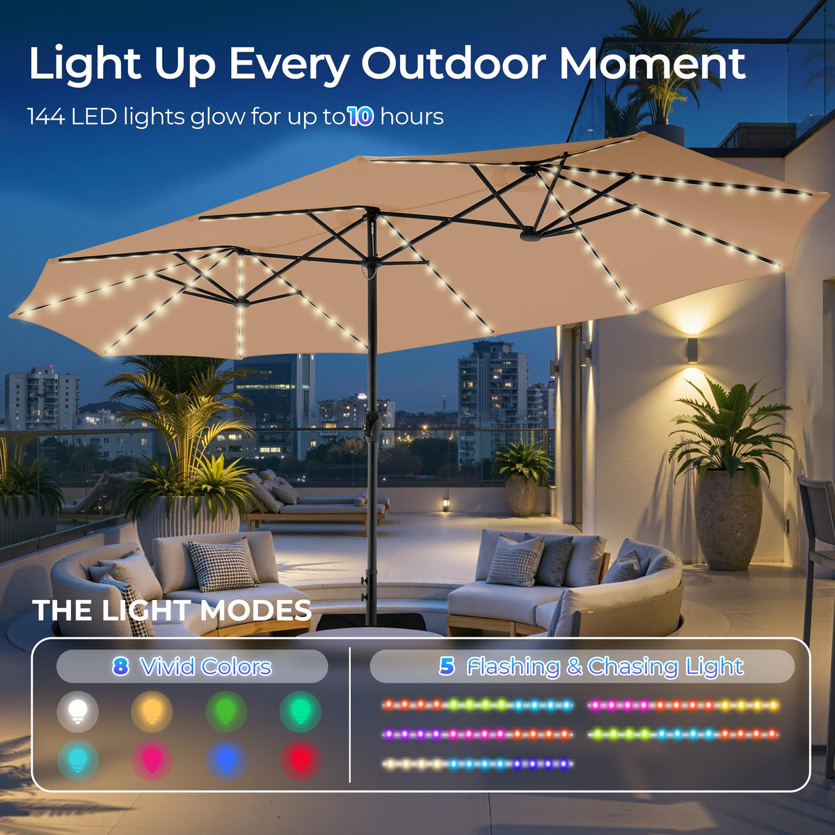 SUPERJARE LED-lights-on-ribs provide ambient evening lighting for outdoor dining.