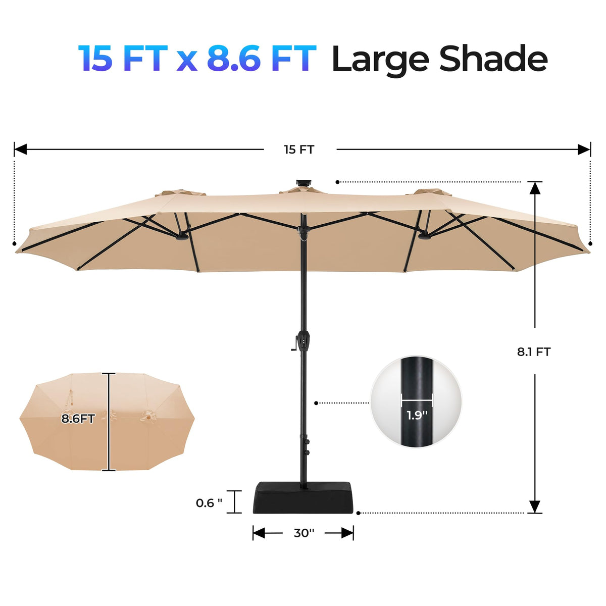 SUPERJARE oversized-15ft-shade-area fits 2–8 people.