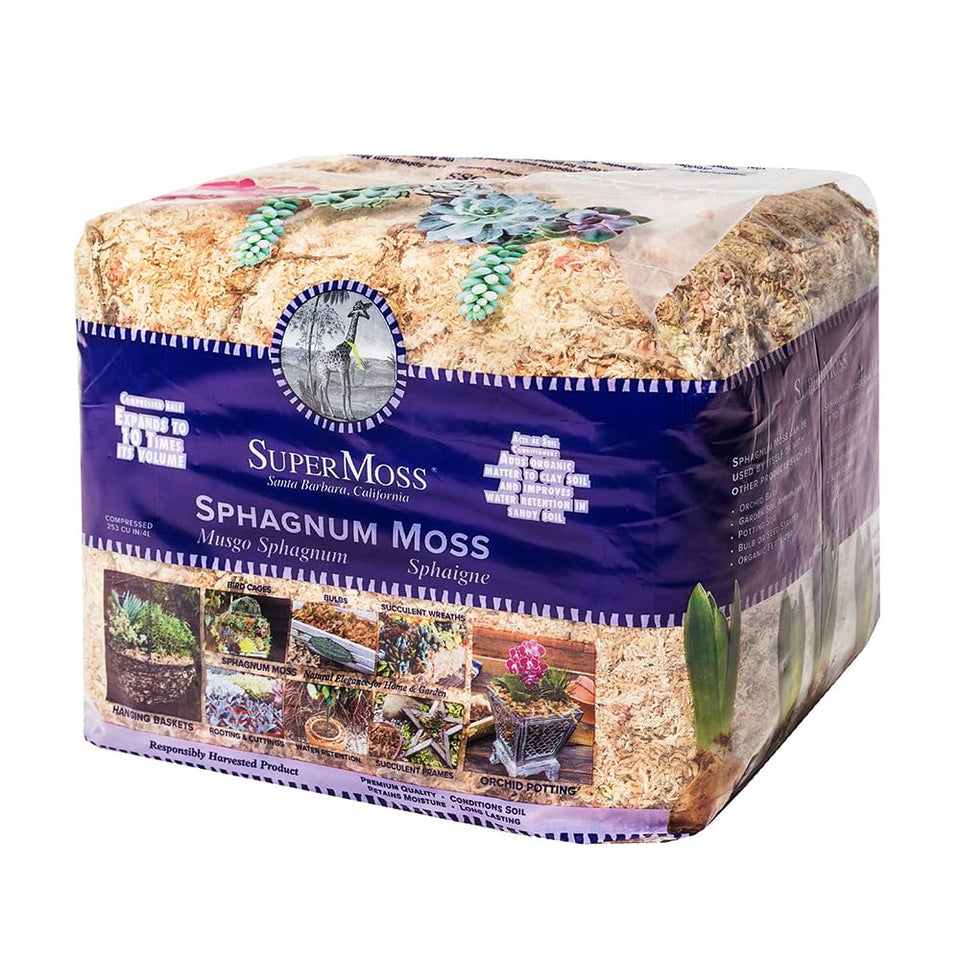 SuperMoss Orchid Sphagnum moss bale provides moisture retention for orchids.