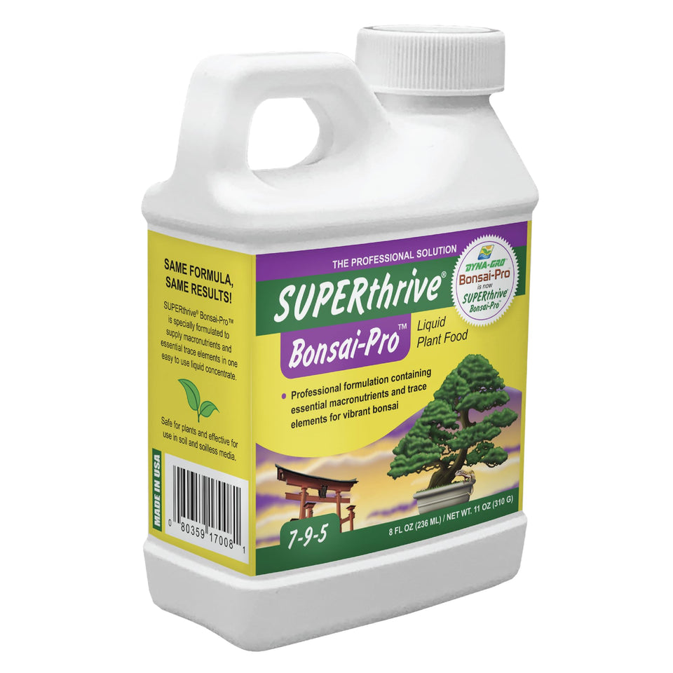 SUPERthrive Bonsai-Pro bottle on display showing all-in-one bonsai nutrients.