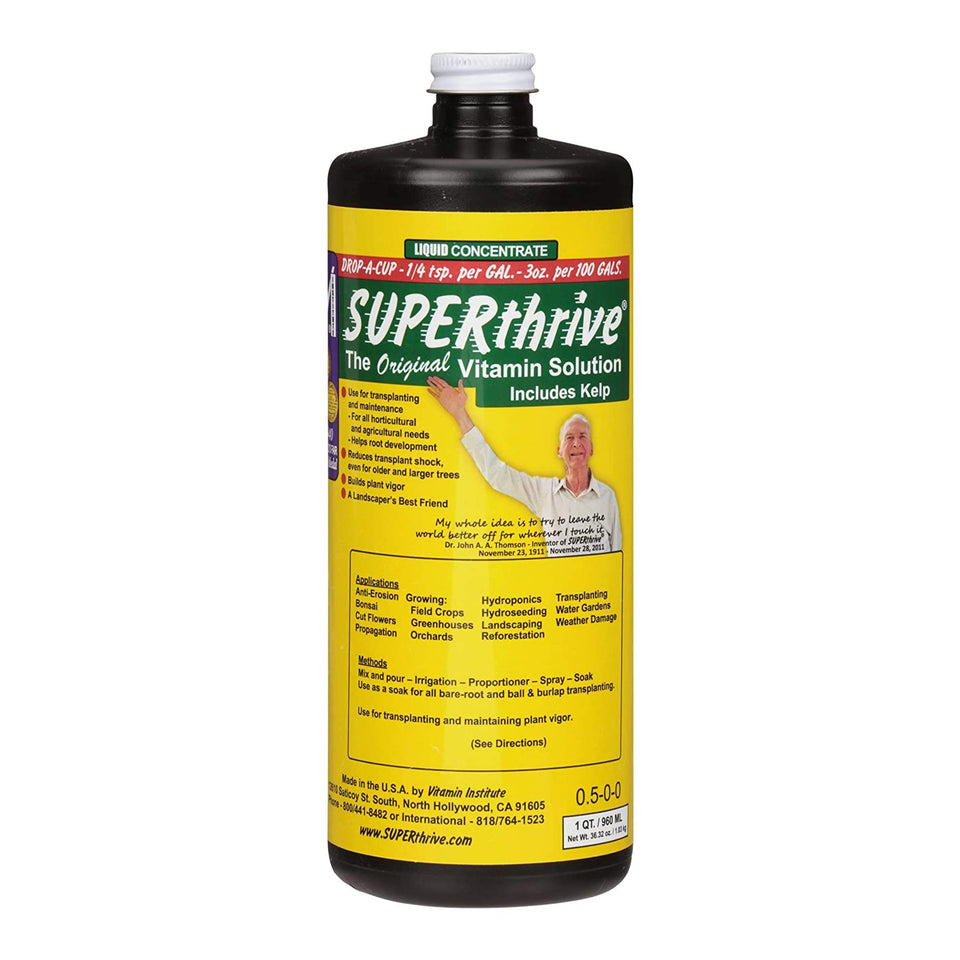 SUPERthrive plant vitamin solution bottle close-up highlights transplant support