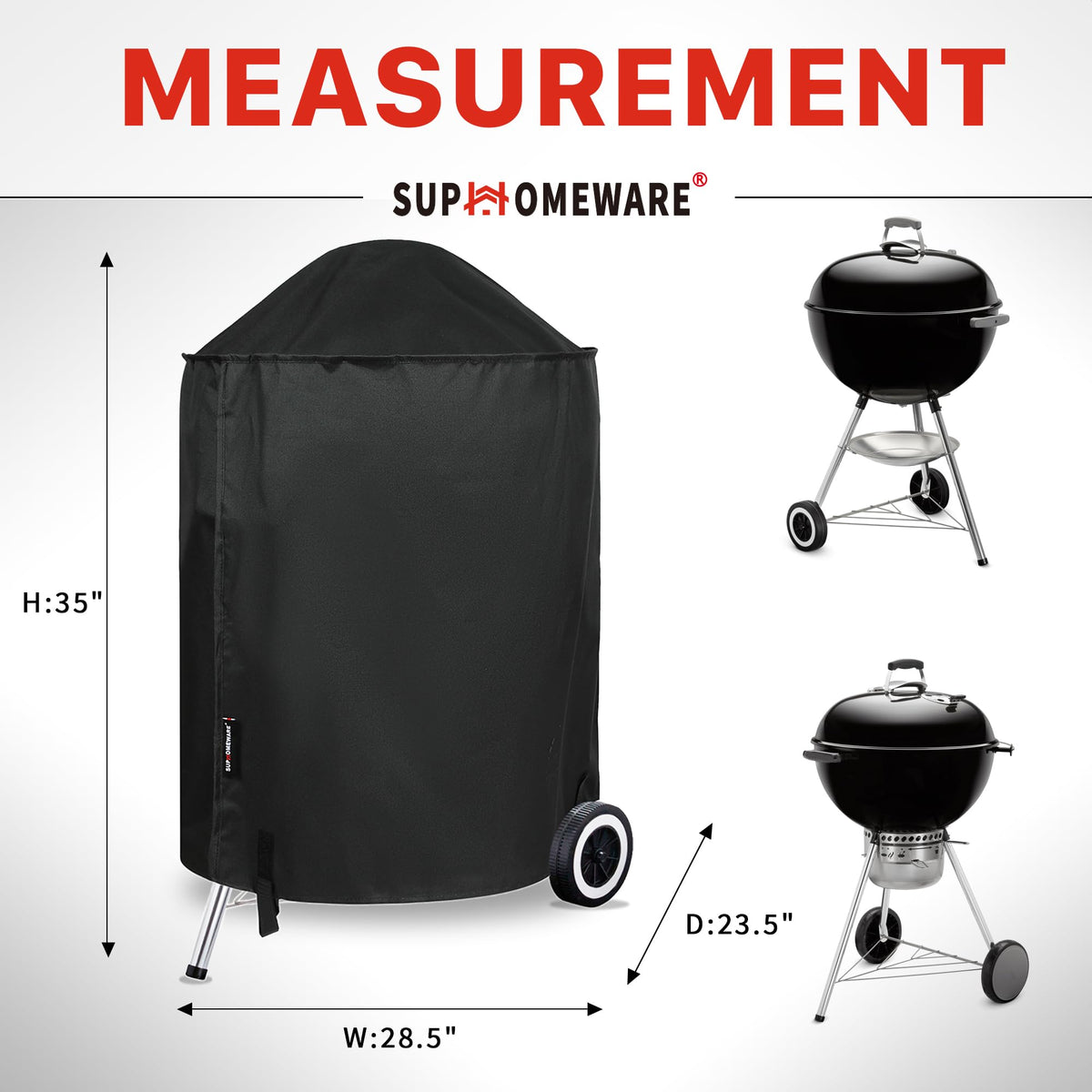Waterproof 600D grill cover shields Weber kettle from snow and hail