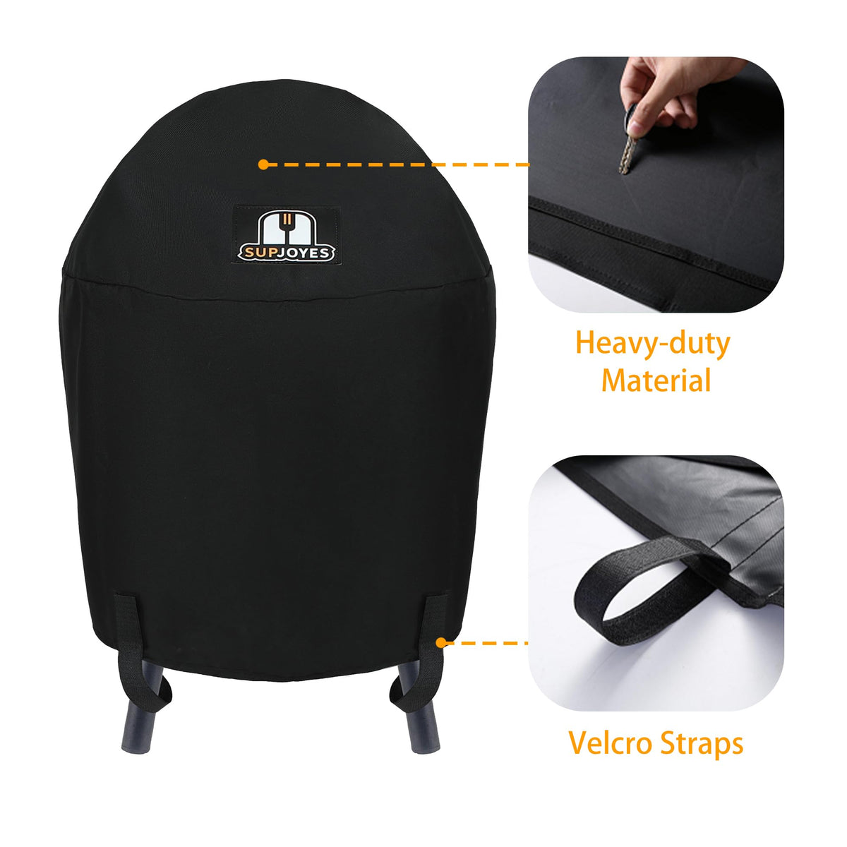 SUPJOYES 6659 grill cover with Velcro straps secures during wind.