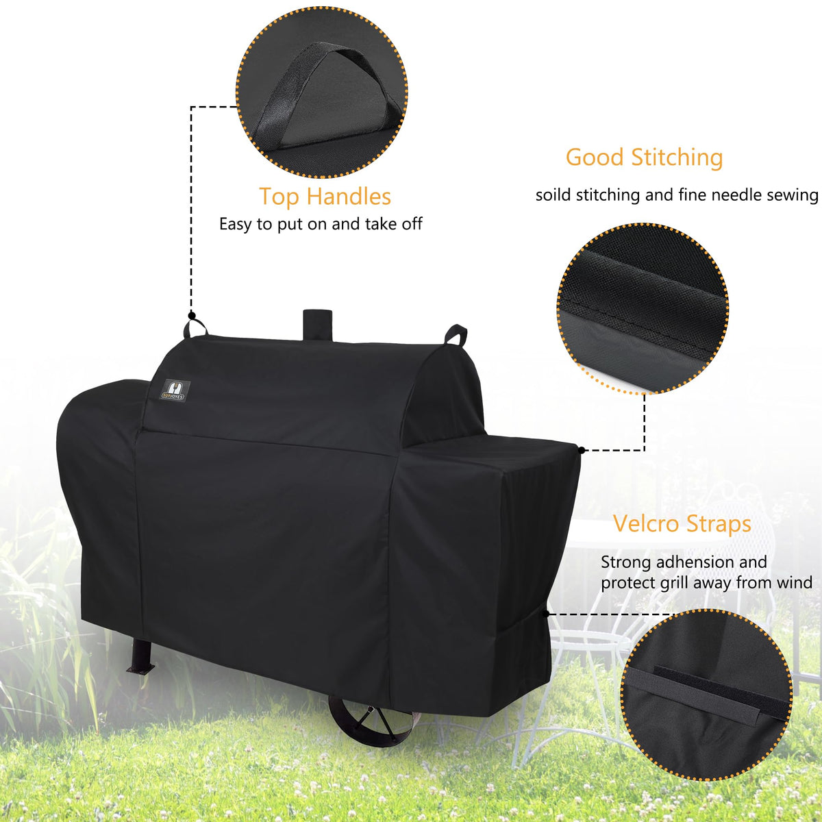 Dual Velcro strap detail on SUPJOYES grill cover securing a tight fit.