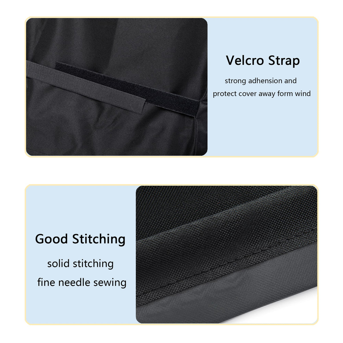 SUPJOYES grill cover features Velcro straps for secure fit during windy days.