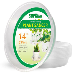 SupKing 14-inch clear plant saucer top view with sturdy ridges for airflow and moisture control.
