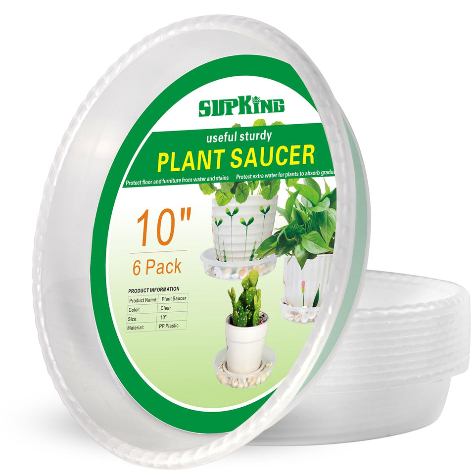 SupKing 6-pack 10-inch drip saucers, top view—sturdy, clear trays that protect surfaces and support plants.