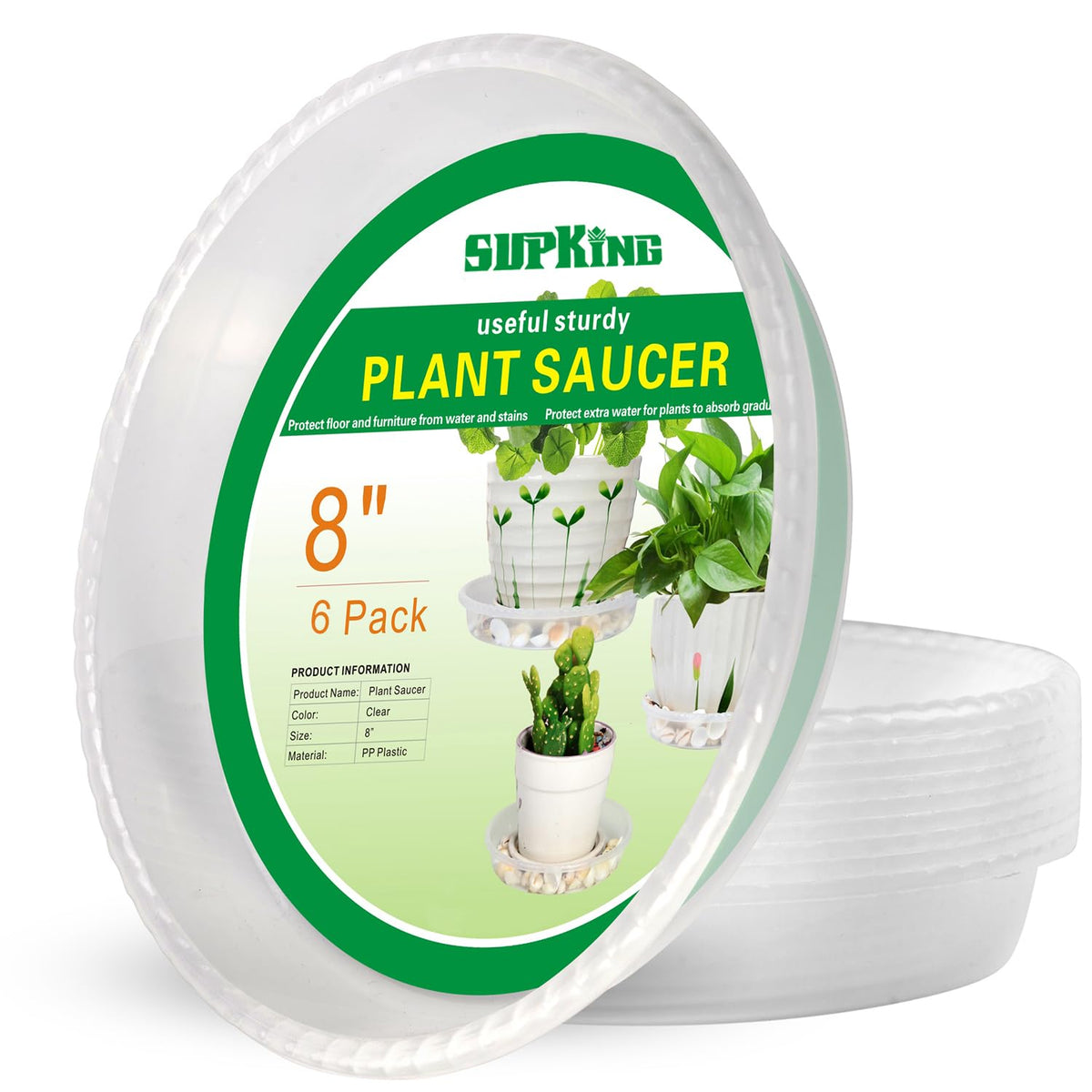 SupKing 6-pack plant saucers packshot, clear and sturdy for indoor plant setup.