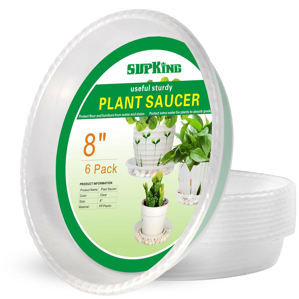 SupKing 6-pack plant saucers packshot, clear and sturdy for indoor plant setup.
