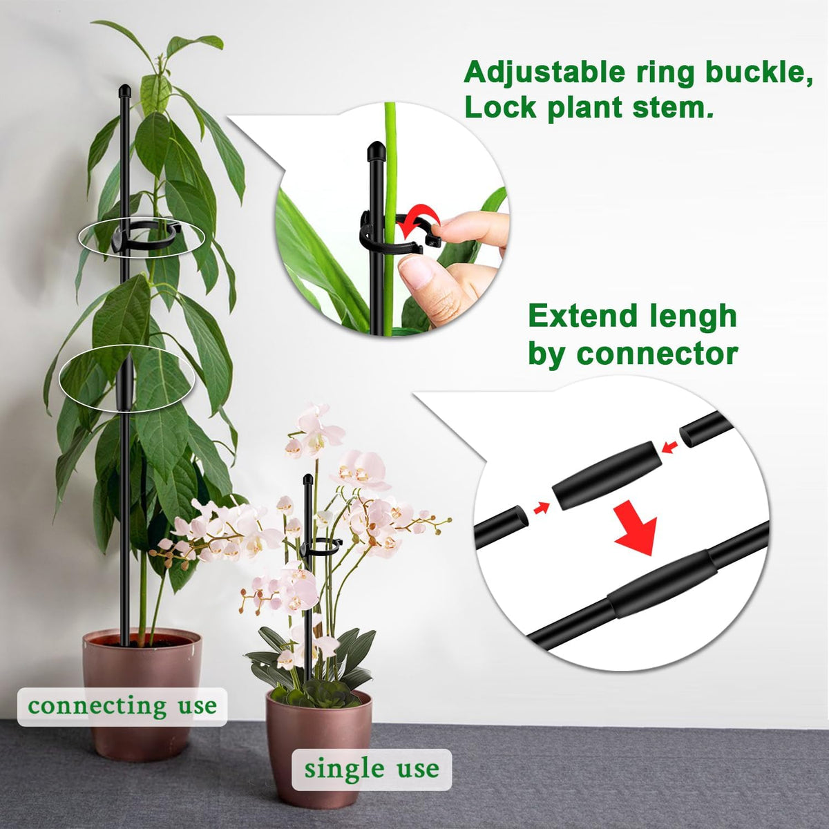 Ring buckles and clips secure stems neatly