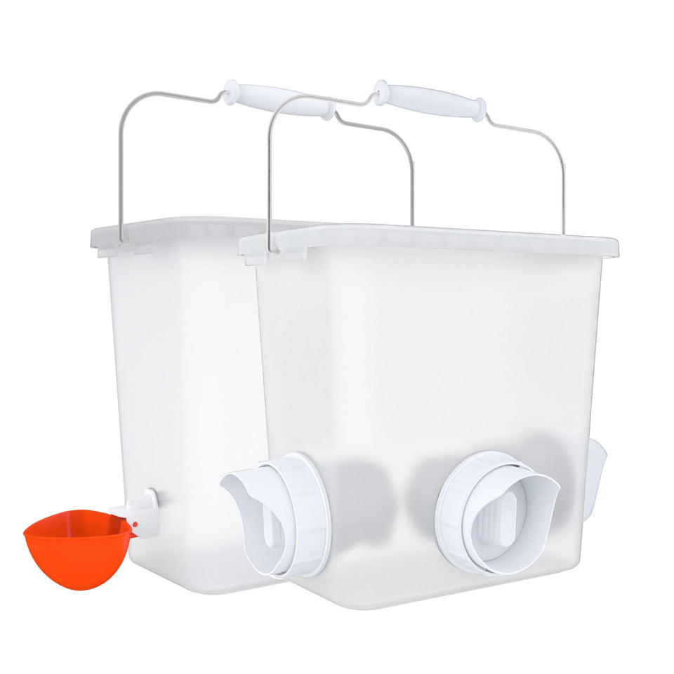 Suplklz automatic feeder and waterer set overview with 2.6 gal barrel and three ports.