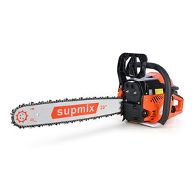 SUPMIXTOOLS 62cc gas chainsaw with a 20-inch bar ideal for efficient log cutting.