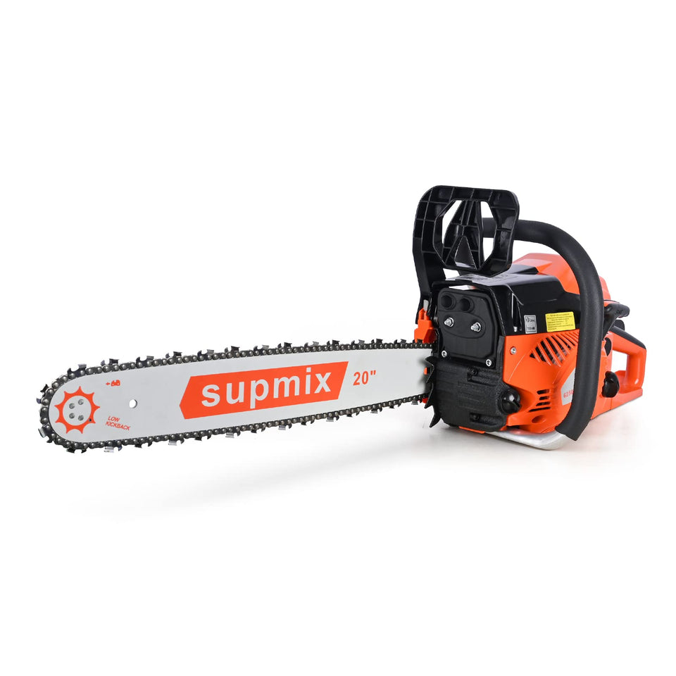 SUPMIXTOOLS 62cc gas chainsaw with a 20-inch bar ideal for efficient log cutting.