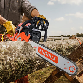 SUPMIXTOOLS chainsaw in action cutting firewood and logs efficiently.