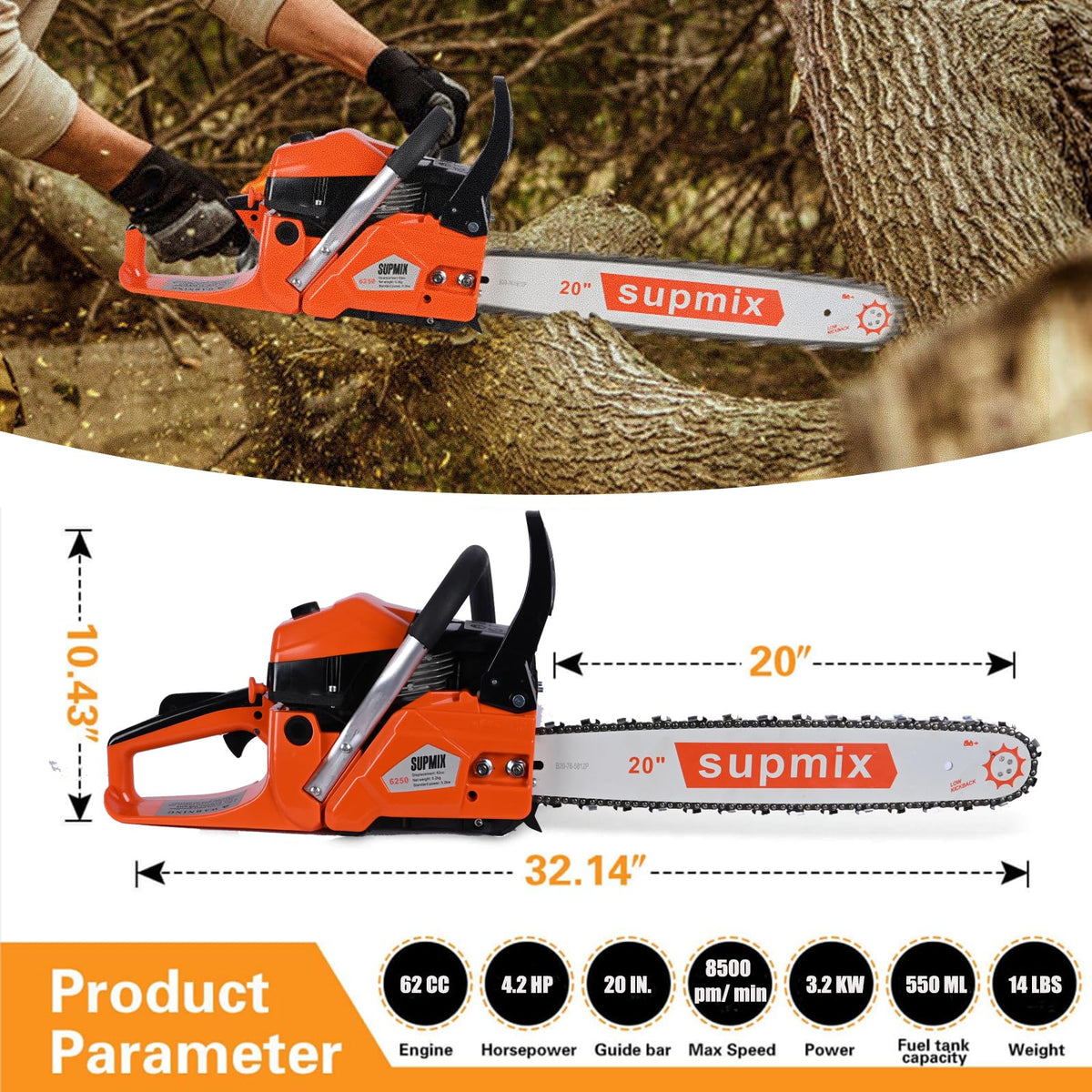 SUPMIXTOOLS gas chainsaw ergonomic handle enables comfortable extended cutting sessions.