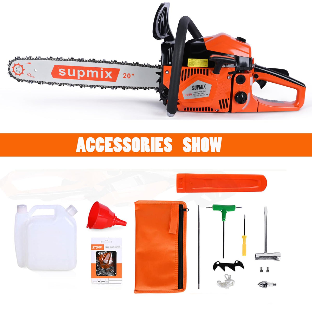 SUPMIXTOOLS 62cc chainsaw safety switch keeps operation secure during work.