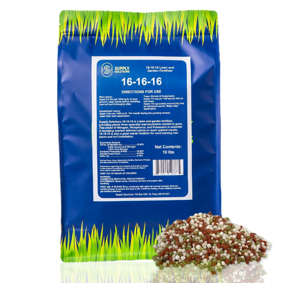 Supply Solutions 16-16-16 granular fertilizer bag ready for balanced lawn and garden feeding