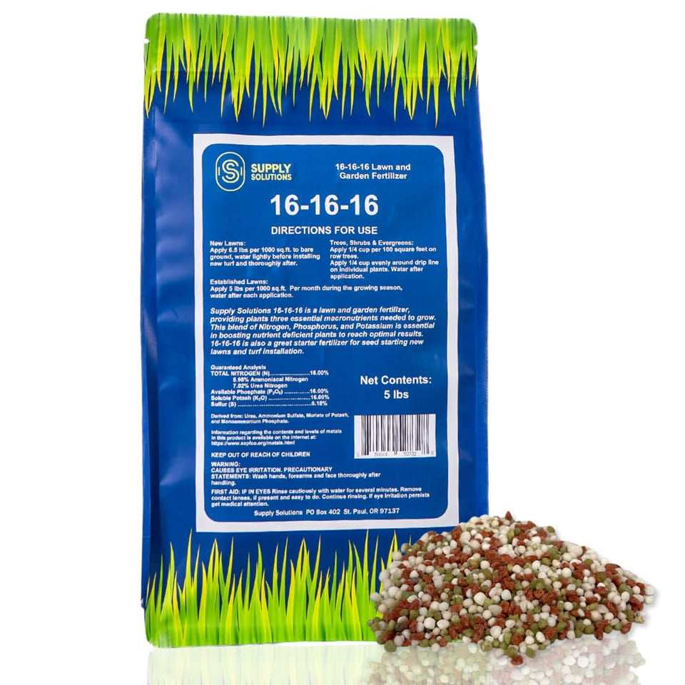Supply Solutions 16-16-16 fertilizer packaging in blue design boosts lawn and garden vitality