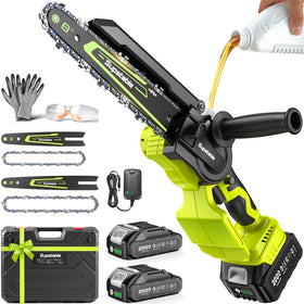 Supstable mini chainsaw with 8‑inch bar cutting larger branches easily
