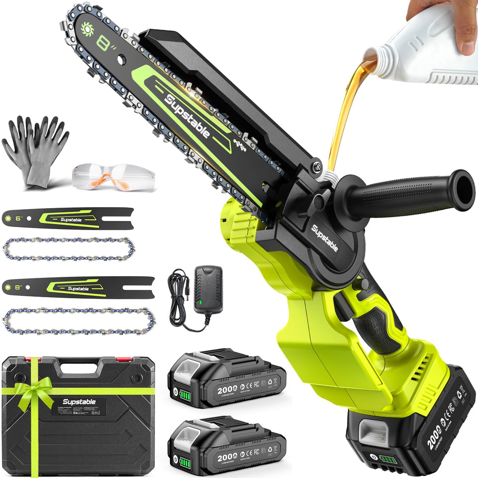Supstable mini chainsaw with 8‑inch bar cutting larger branches easily