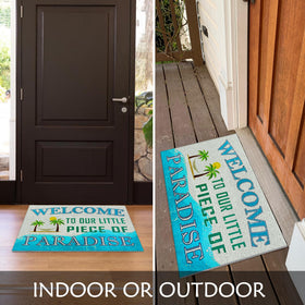 Supwhd Beach Door Mat close-up shows coastal pattern and durable PVC weave.