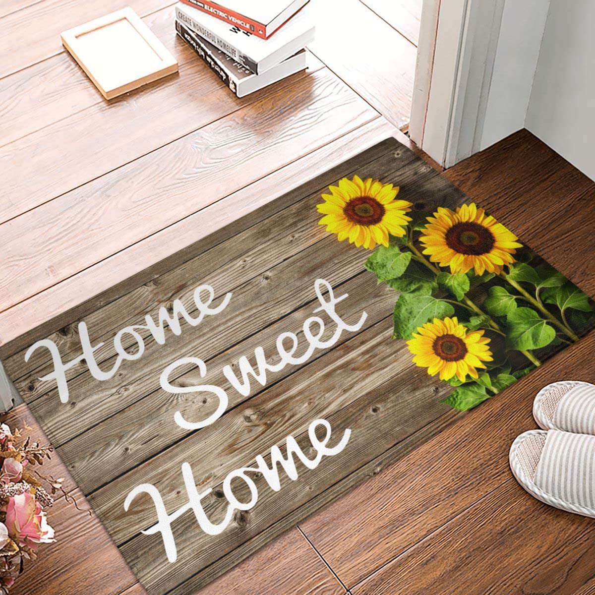 SuQKXCo Sunflower Doormat suitable for indoor or outdoor spaces.