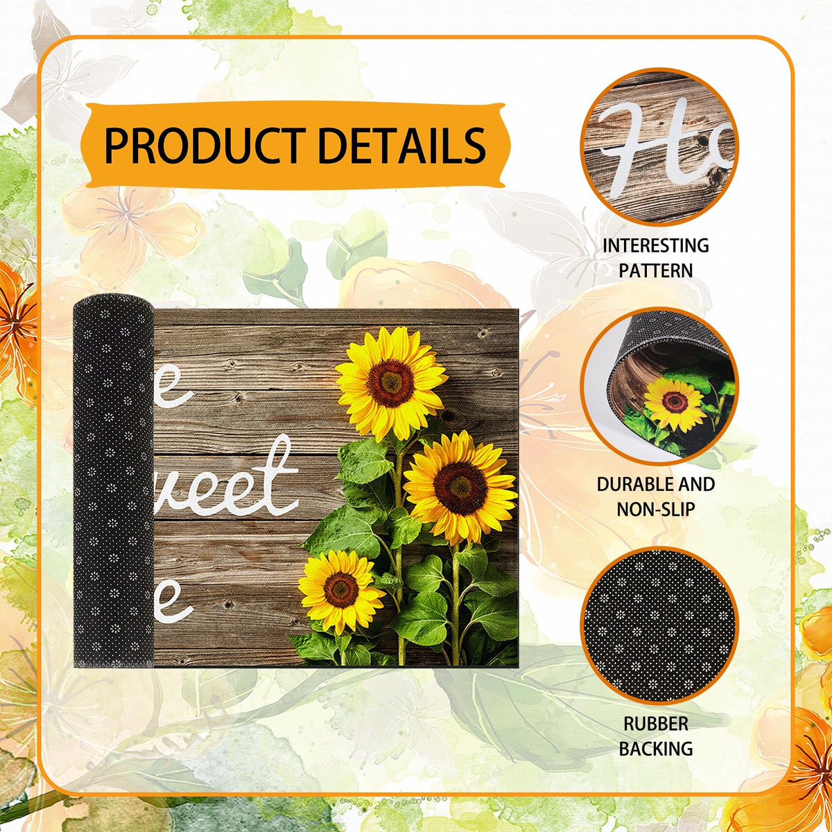SuQKXCo Sunflower Doormat non-slip backing keeps mat in place.